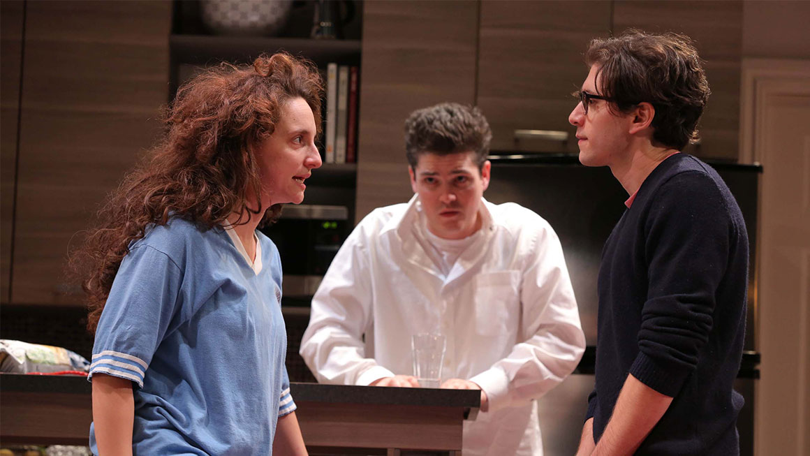 Tracee Chimo as Daphna, Philip Ettinger as Jonah and Michael Zegen as Liam in <em>Bad Jews</em>.