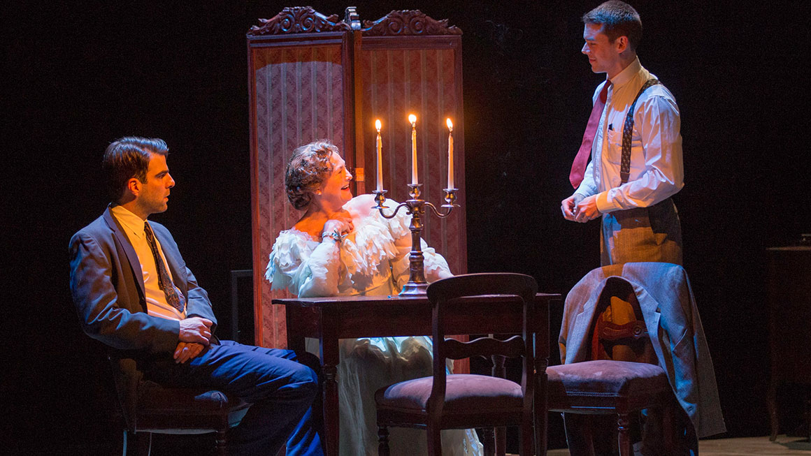Zachary Quinto as Tom, Cherry Jones as Amanda and Brian J. Smith as the Gentleman Caller in <em>The Glass Menagerie</em>.