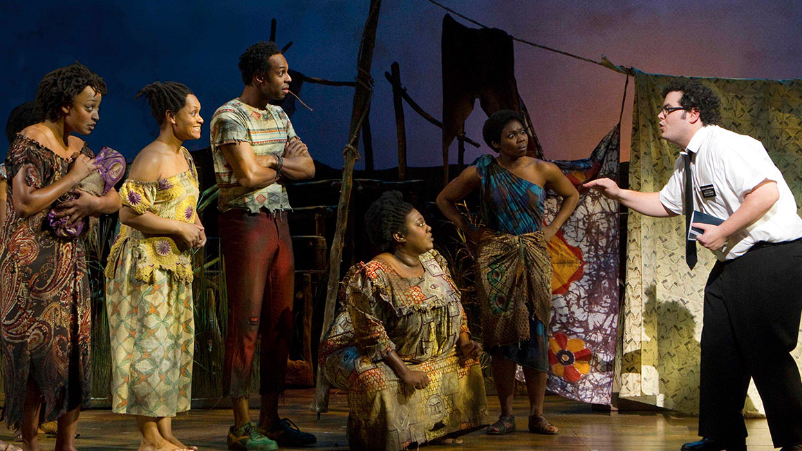 Josh Gad and the cast of <em>The Book of Mormon</em>.