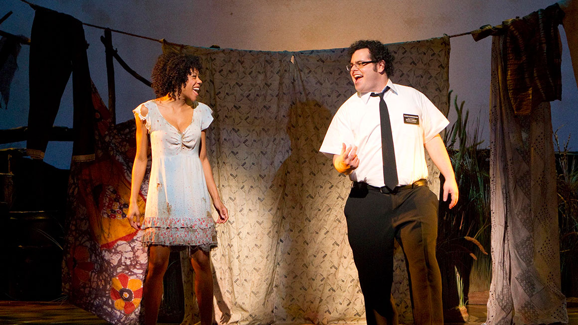 Nikki M. James and Josh Gad in <em>The Book of Mormon</em>.