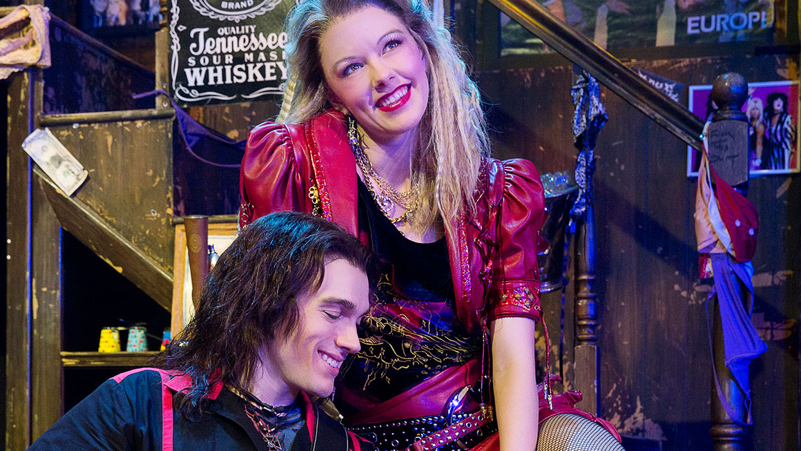 Kate Rockwell as Sherrie and Justin Matthew Sargent as Drew in <em>Rock of Ages</em>.