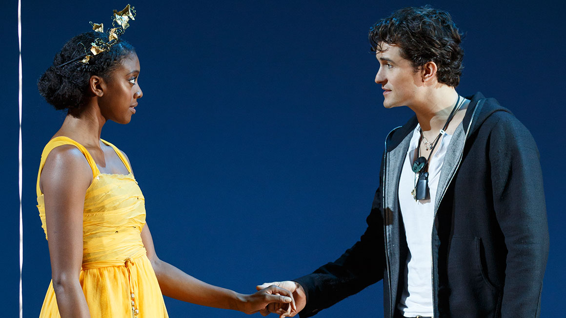 Condola Rashad and Orlando Bloom in <em>Romeo and Juliet</em>.