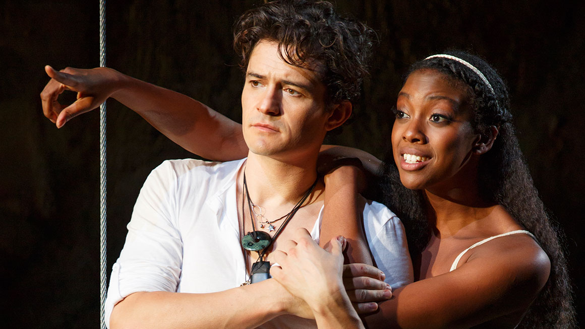 Orlando Bloom and Condola Rashad in <em>Romeo and Juliet</em>.