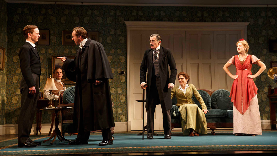 Spencer Davis Milford as Ronnie Winslow, Zachary Booth as Dickie Winslow, Alessandro Nivola as Sir Robert Morton, Roger Rees as Arthur Winslow, Mary Elizabeth Mastrantonio as Grace Winslow and Charlotte Parry as Catherine Winslow in <em>The Winslow Boy</em>.