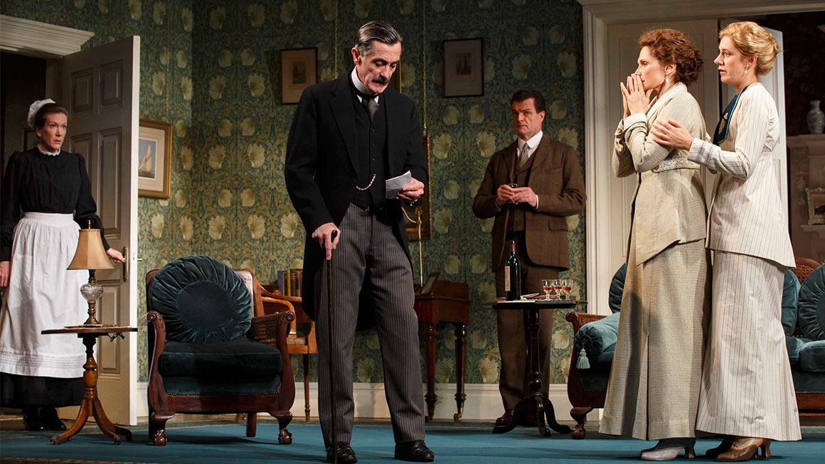 Henny Russell as Violet, Roger Rees as Arthur, Michael Cumpsty as Desmond Curry, Mary Elizabeth Mastrantonio as Grace and Charlotte Parry as Catherine in <em>The Winslow Boy</em>.