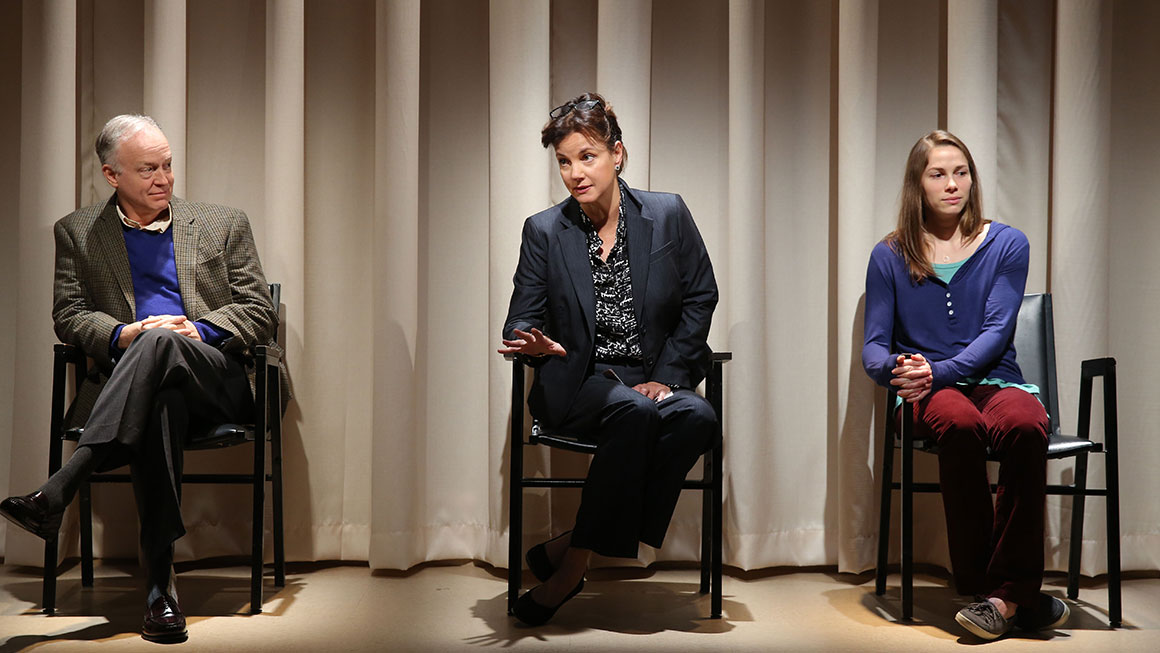 Reed Birney as Dr. Millard, Margaret Colin as Lynn Barrie & Kristen Bush as Donna McAuliffe in <i>Taking Care of Baby</I>.