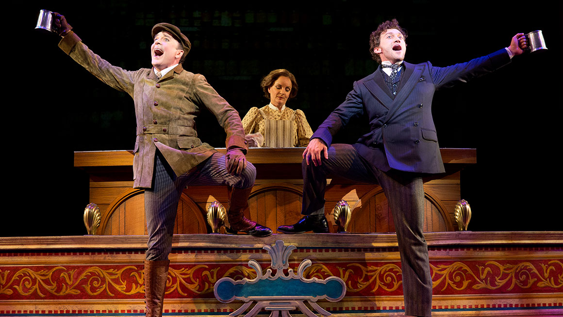 Jefferson Mays as Henry D'Ysquith, Jennifer Smith & Bryce Pinkham as Monty Navarro in <i>A Gentleman's Guide to Love and Murder</I>.