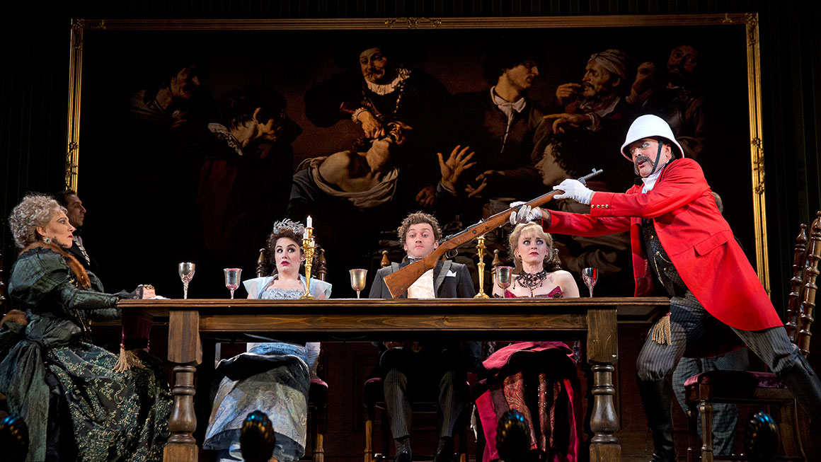Joanna Glushak as Lady Eugenia, Lauren Worsham as Phoebe D'Ysquith, Bryce Pinkham as Monty Navarro, Lisa O'Hare as Sibella Hallward & Jefferson Mays as Lord Adalbert D'Ysquith in <i>A Gentleman's Guide to Love and Murder</I>.