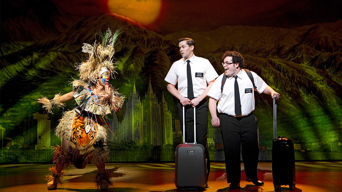 Rema Webb, Andrew Rannells and Josh Gad in <em>The Book of Mormon</em>.