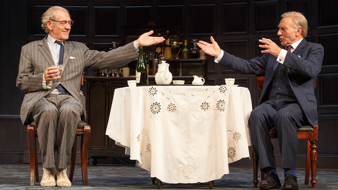 Ian McKellen as Spooner and Patrick Stewart as Hirst in <i>No Man's Land</I>.