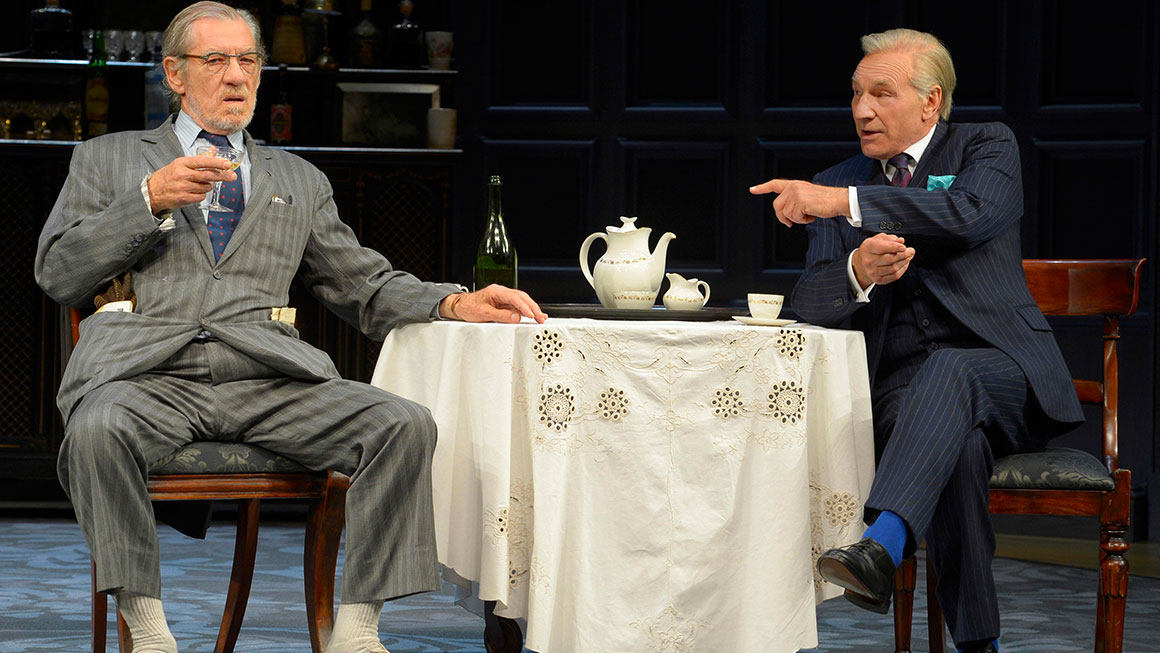 Ian McKellen as Spooner and Patrick Stewart as Hirst in <i>No Man's Land</I>.