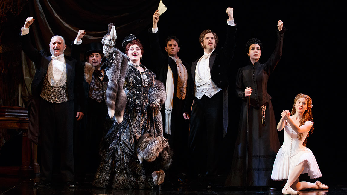 Tim Jerome as Firmin, Christian Šebek as Piangi, Michele McConnell as Carlotta, Kyle Barisich as Raoul, Jim Weitzer as André, Ellen Harvey as Madame Giry and Kara Klein as Meg Giry in <i>Phantom of the Opera</I>.