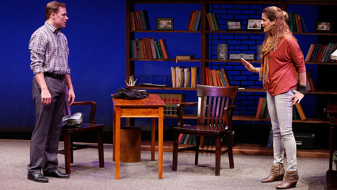 Mat Hostetler as Rev. David Wheeler & Adria Vitlar as Constance Hunter in <i>The Preacher and the Shrink</I>.