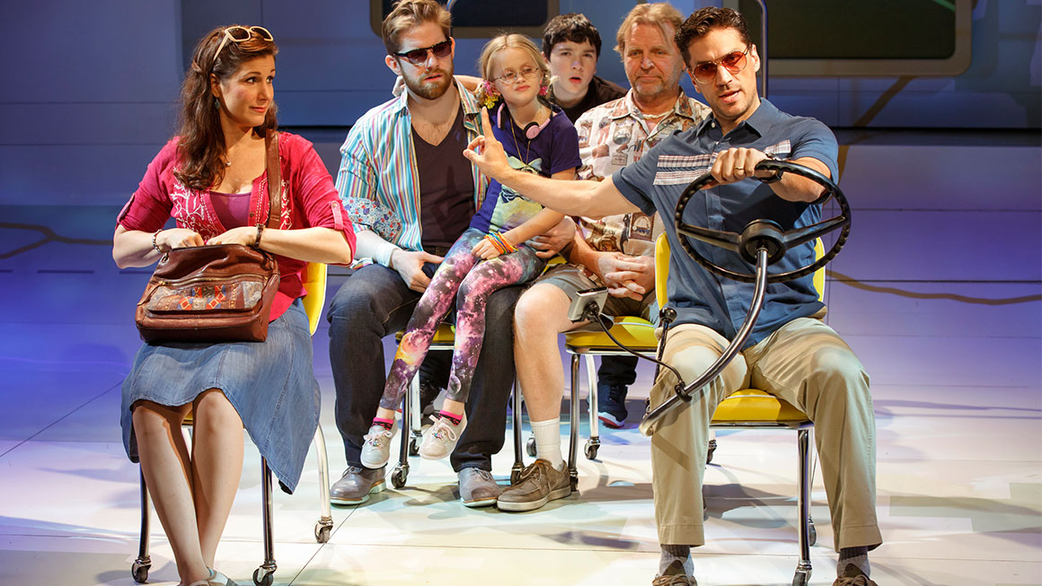 Stephanie J. Block as Sheryl Hoover, Rory O'Malley as Frank Hoover, Hannah Nordberg as Olive Hoover, Logan Rowland as Dwayne Hoover, David Rasche as Grandpa Hoover & Will Swenson as Richard Hoover in <i>Little Miss Sunshine</I>.
