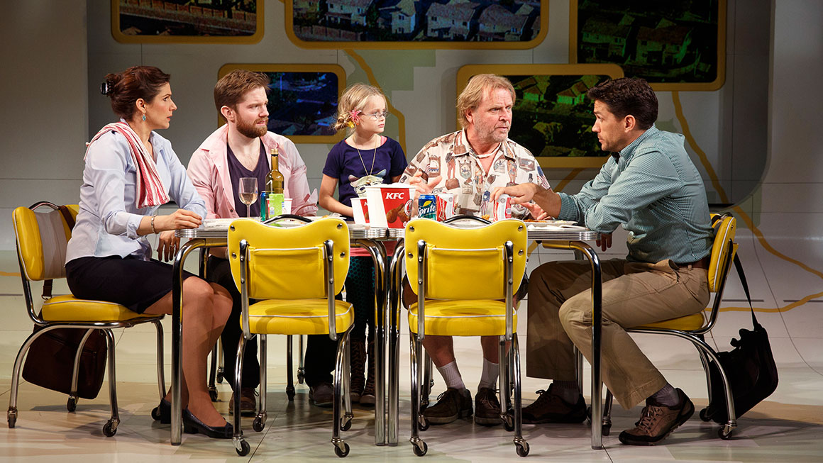 Stephanie J. Block as Sheryl Hoover, Rory O'Malley as Frank Hoover, Hannah Nordberg as Olive Hoover, David Rasche as Grandpa Hoover & Will Swenson as Richard Hoover in <i>Little Miss Sunshine</I>.