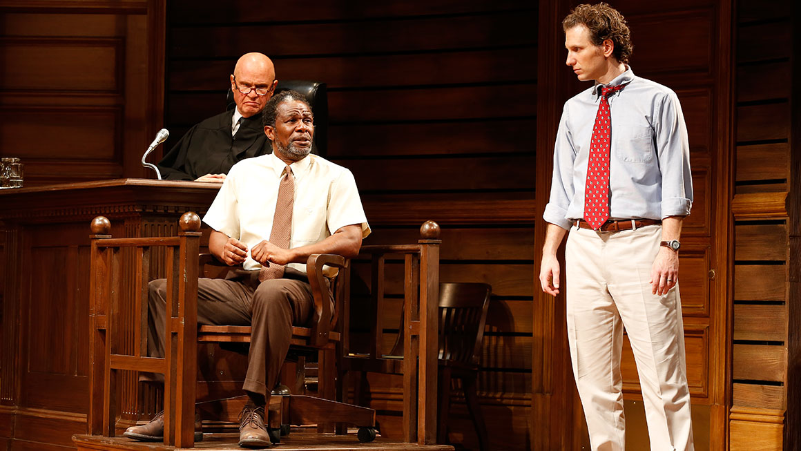 Fred Dalton Thompson as Judge Noose, John Douglas Thompson as Carl Lee Hailey & Sebastian Arcelus as Jake Brigance in <i>A Time to Kill</I>.