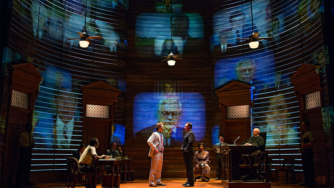 Sebastian Arcelus as Jake Brigance, Patrick Page as Rufus Buckley & the cast of <i>A Time to Kill</I>.