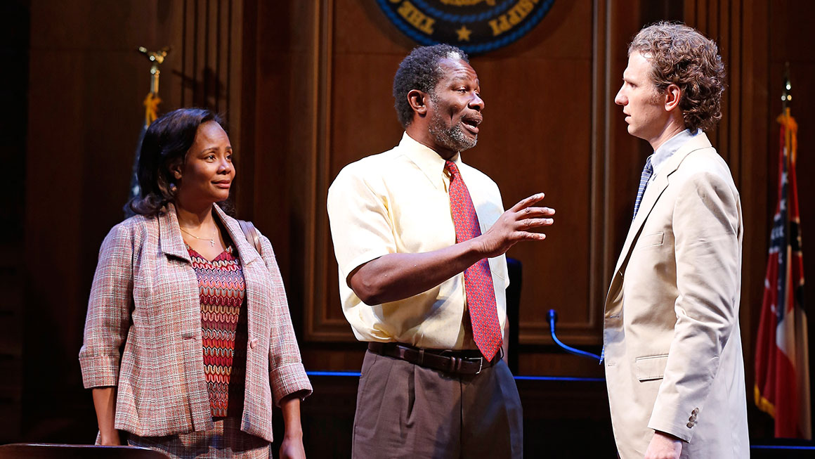 Tonya Pinkins as Gwen Hailey, John Douglas Thompson as Carl Lee Hailey & Sebastian Arcelus as Jake Brigance in <i>A Time to Kill</I>.